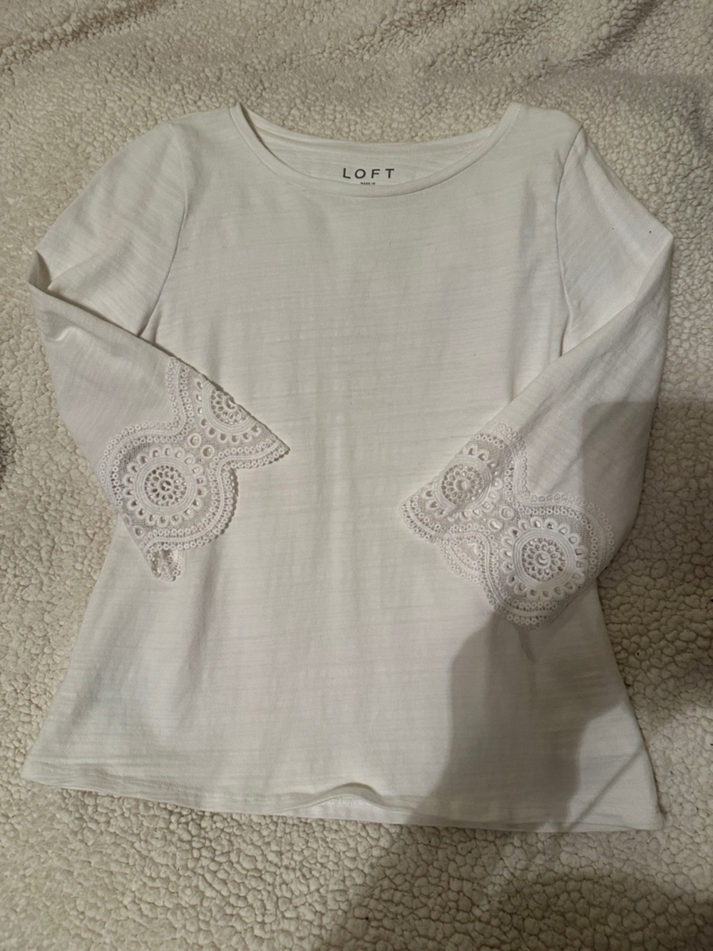 LOFT Cream Long Sleeve Top with Lace-Appliqué Cuffs